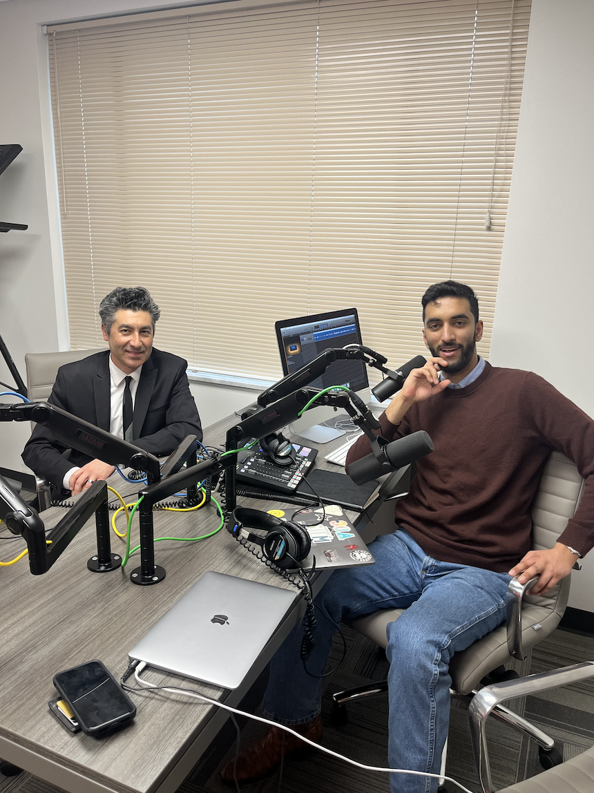Photo of Farouk Ramzan and Kevian Stassun, posing in VSCs Edgehill Podcast Studio. (Hustler Multimedia/Jaylan Sims)